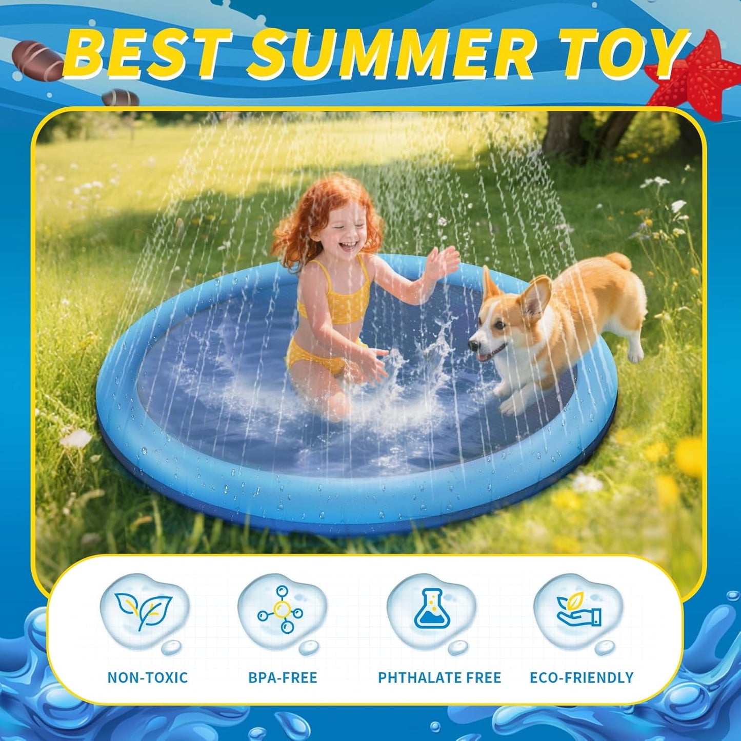CNMTCCO Hundepool, D150cm/59.06in Planschbecken für Große & Kleine Hunde, 0.50mm Verdickt Anti-Rutsch Sprinkler Matte Hund Faltbarer Splash Pad für Sommer, Garten, DraußEn