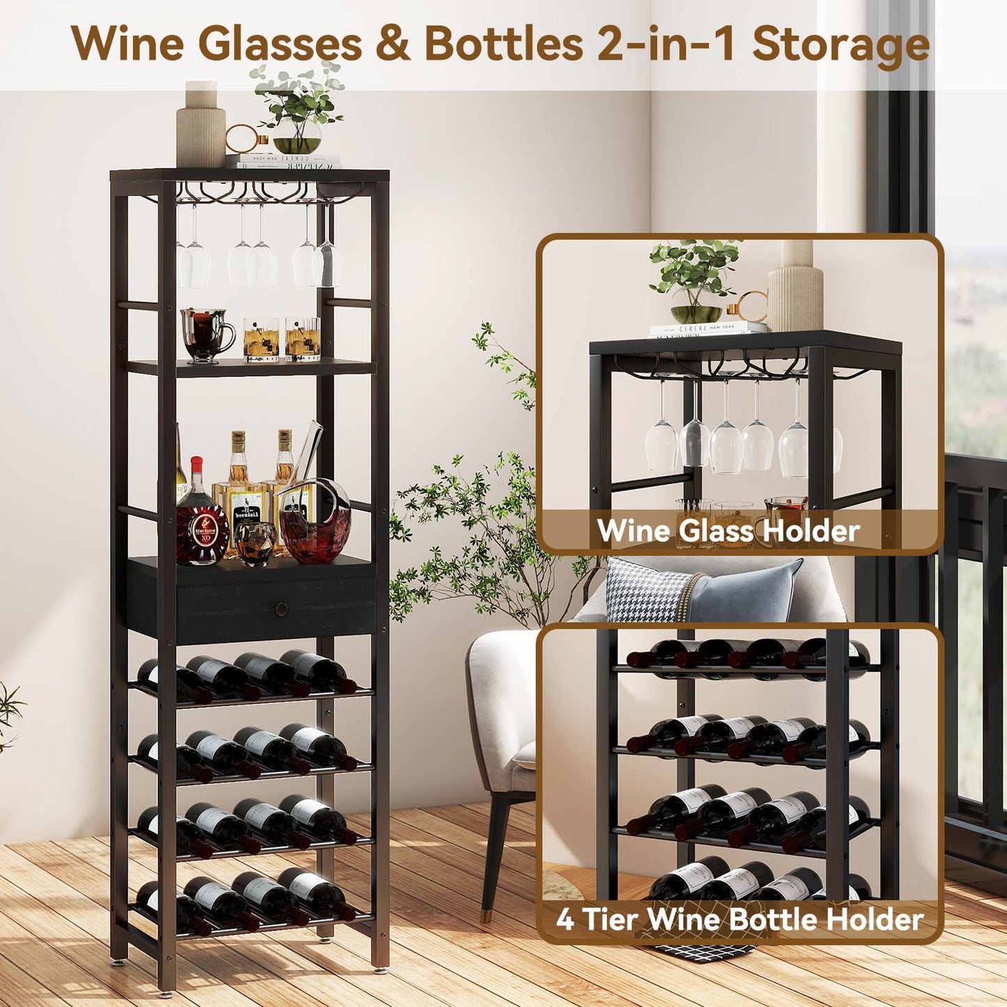 IBUYKE TMJ905H Wine Rack, 4-Layer Freestanding Wine Rack with Glass Holder and Drawer, 16 Bottle Rack, Countertop Wine Rack with Table Top Shelf, for Kitchen, Bar, Dining Room, Vintage Brown