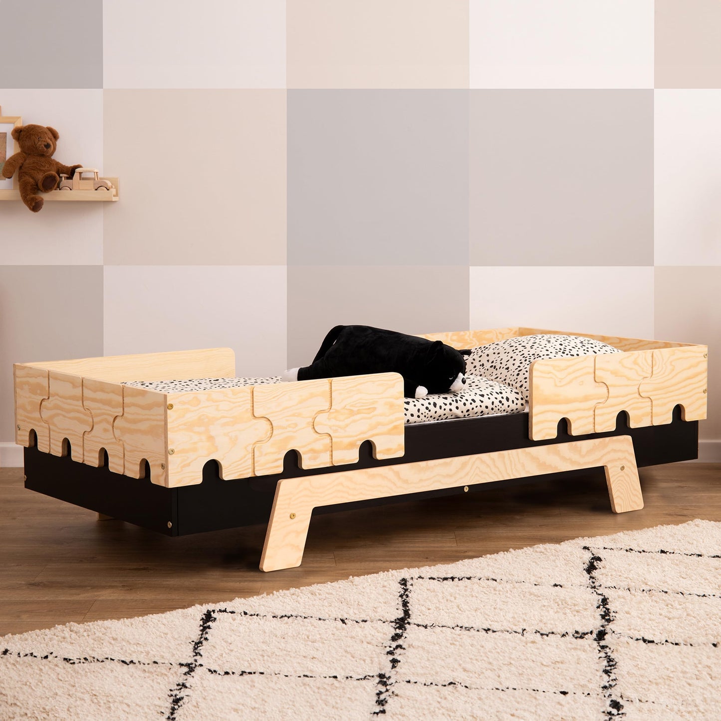 smartwood Kinderbett mit Lattenrost und Rausfallschutz Puzzle BR2 Montessori einzelbett für Jungen und Mädchen - Bett aus Kiefer Sperrholz mit Rausfallschutz und Lattenrost - Grau - 90x200 cm