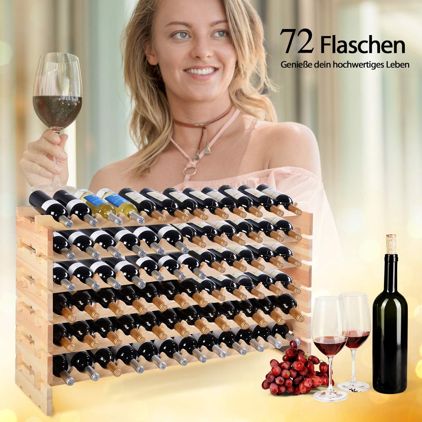 COSTWAY Wine Rack Wood Stackable Bottle Rack for 72 Bottles, Wine Rack with 6 Levels, Wooden Shelf, Bottle Stand for Kitchen, Dining Room, Bar, Basement, 119 x 29 x 72 cm