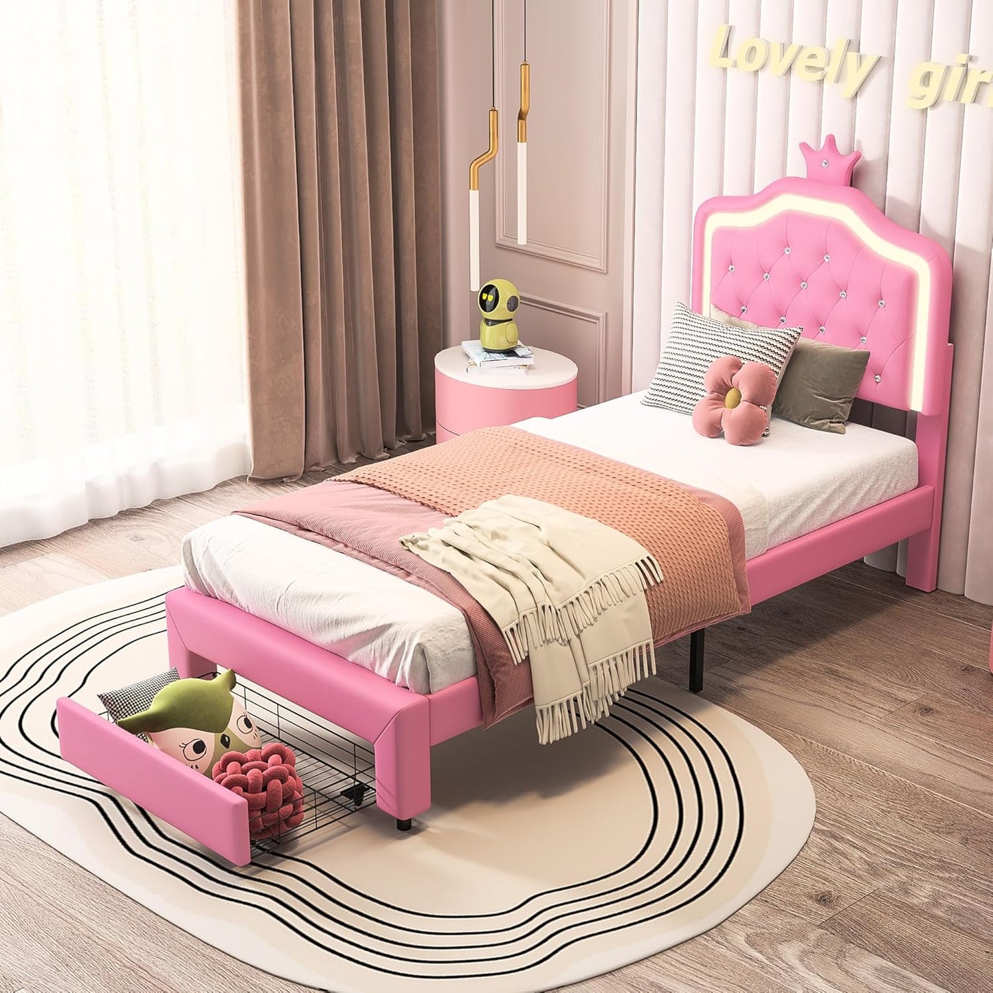 Upholstered Sofa Bed 140 x 200 cm, with Ambient Light and USB Connection, Children's Bed with Slatted Frame, Functional Bed, Teenager's Bed, Lambswool Material, Pink