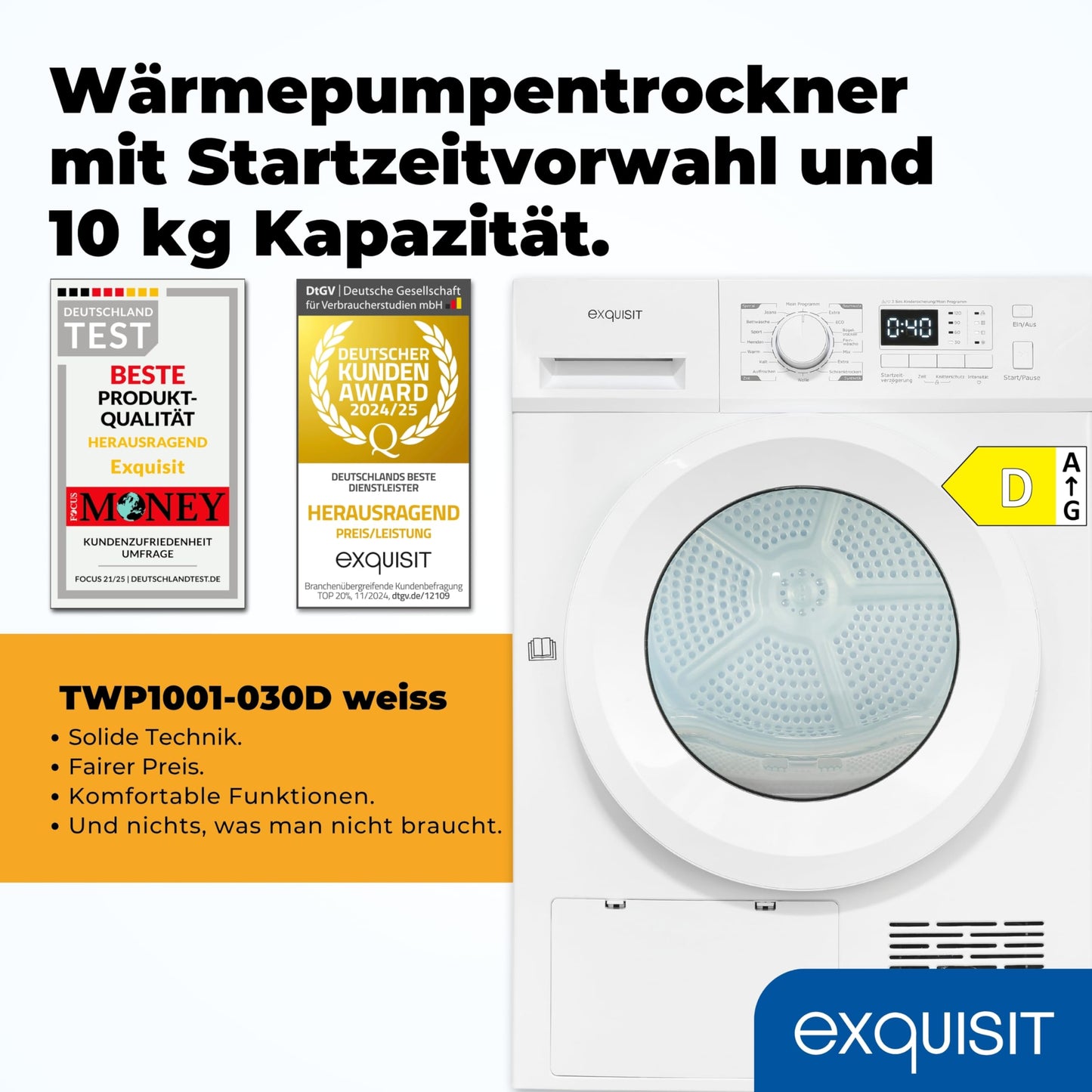 Exquisit Clothes Dryer 7 kg, Dryer, Delay Start, Wrinkle Protection, Exhaust Dryer, 15 Programmes, Child Lock, Energy Class G, TAE70-70 White