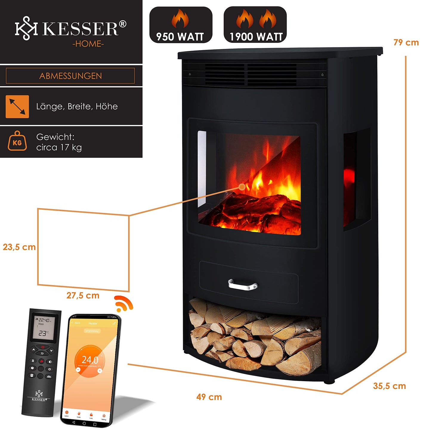 KESSER Prio Electric Fireplace Heater Fan Remote Control WiFi App 950/1900 W Fireplace Electric LED Flame Effect Fireplace Electric Thermostat Panoramic Viewing Window Heating Function Timer, Grey