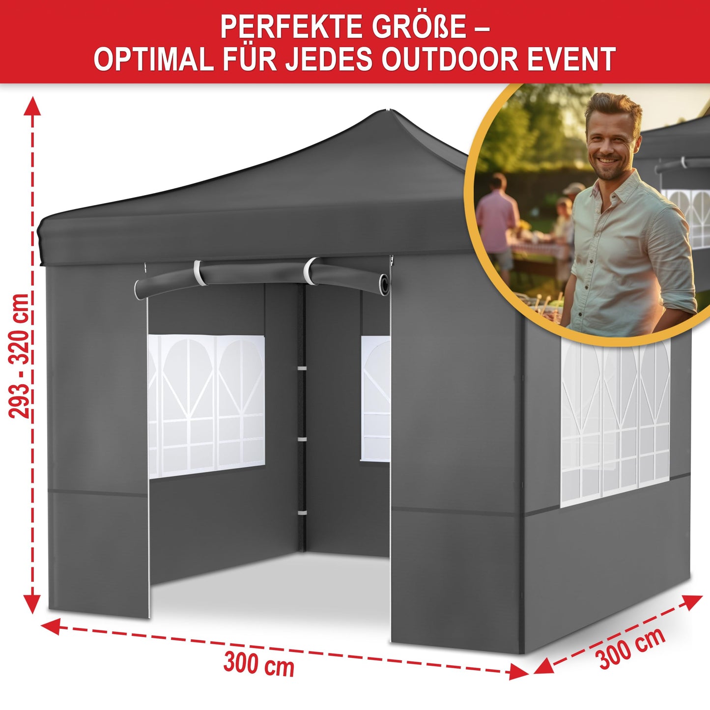 Gazebo - 3 x 3 m - Large Entrance - Waterproof - Pop Up Frame - Side Walls with 3 x 3 Windows - Additional with Bag - Foldable Outdoor Gazebo Folding Gazebo (Grey)