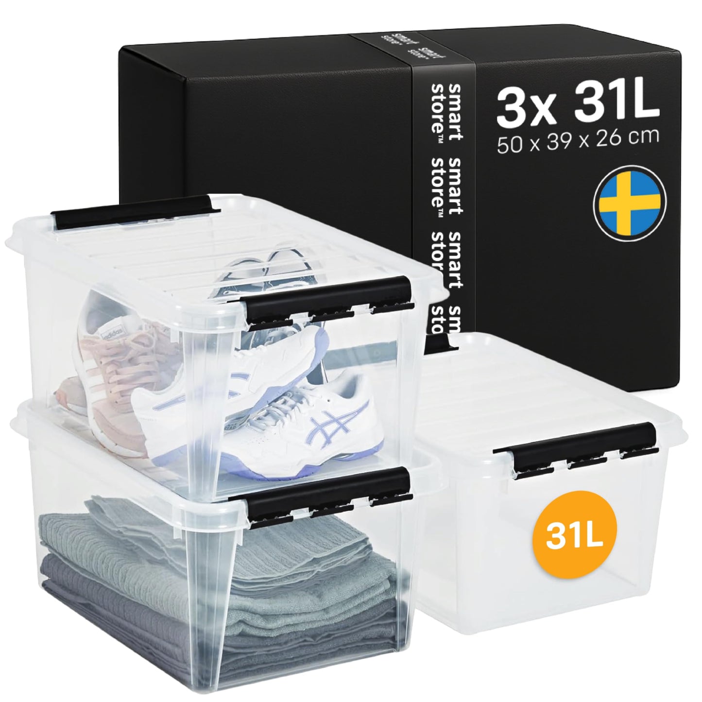 SmartStore - 5 x Storage Box with Lid Classic 46L (59 x 39 x 31 cm) | Stackable Box with Lid | Food-Safe Plastic Box | Plastic Box with Lid and Reinforced Corners