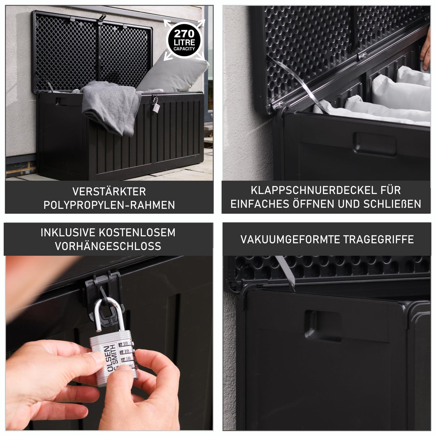 Olsen & Smith 270L Large Capacity Outdoor Garden Storage Box with Padlock Plastic Shed - Weatherproof and Stand Up with Wood Effect Chest (270L, Black)