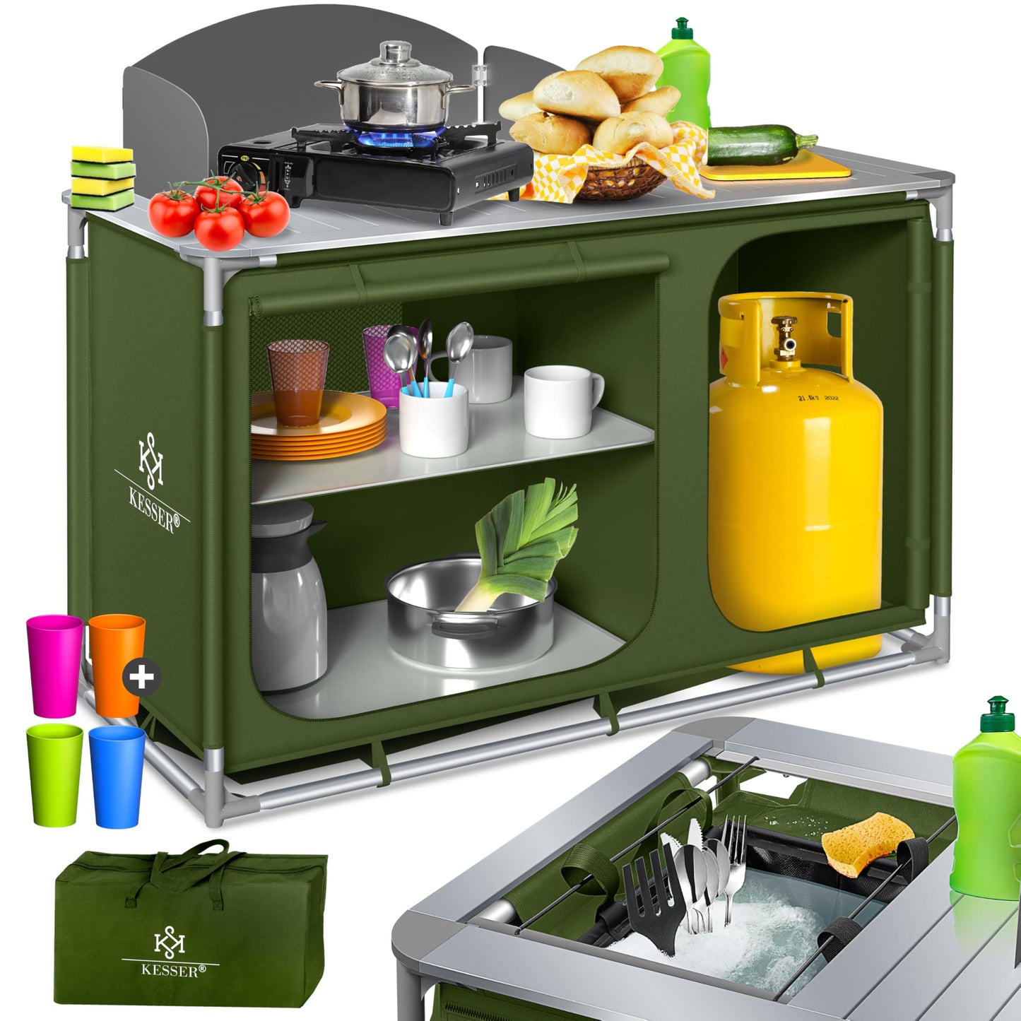 KESSER® Camping Kitchen | Includes Carry Bag & Cup Set | Camping Cabinet Folding Cabinet | with Aluminium Frame | Travel Kitchen | Kitchen Box | Tent Cabinet | Outdoor Camping Kitchen | Khaki | Type