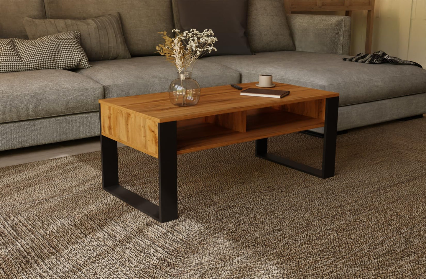 Artisan Coffee Table, Retro Loft Bench, Open Double Shelf, Skate Legs, Ideal for Coffee Get-Togethers, Laminated Top, Large Surface, Guaranteed Stability, White 3