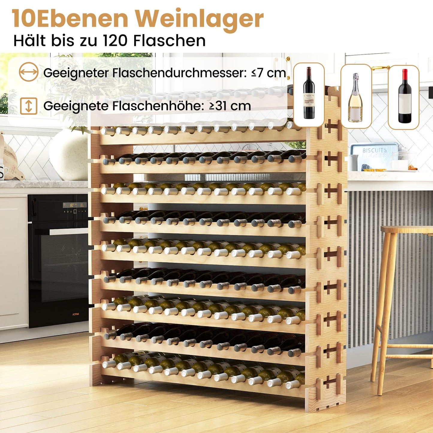COSTWAY Wine Rack Wood Stackable Bottle Rack for 72 Bottles, Wine Rack with 6 Levels, Wooden Shelf, Bottle Stand for Kitchen, Dining Room, Bar, Basement, 119 x 29 x 72 cm