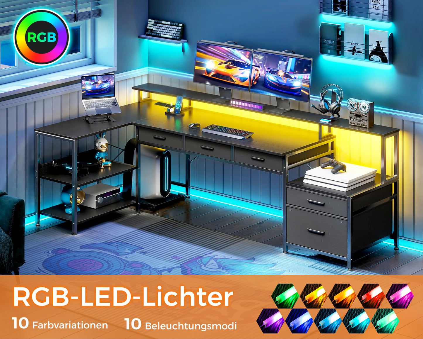 Coleshome L Shape Desk with Drawers, 195 x 100 cm Gaming Table with Socket, LED & Monitor Stand, Reversible Corner Desk with Storage Space, Computer Desk with Shelf for Office, Black