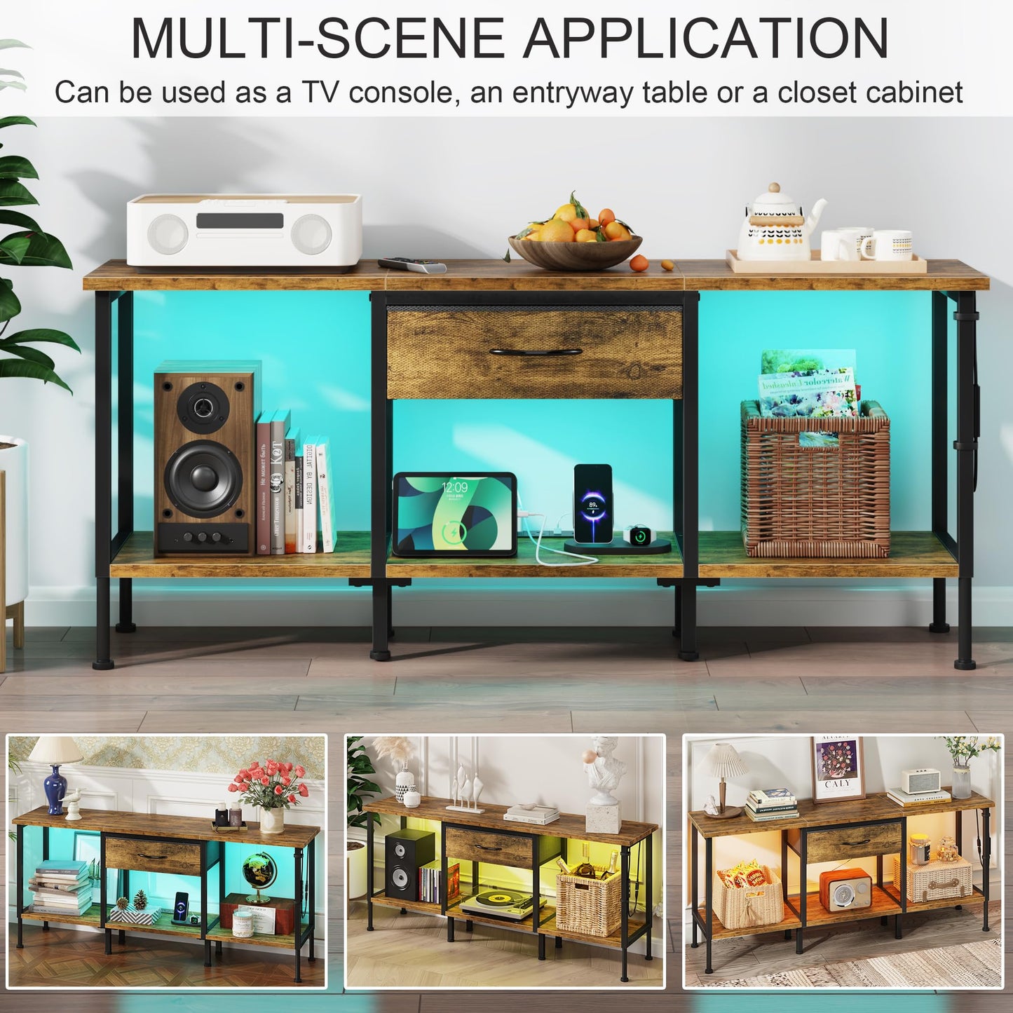 OYRREU TV Cabinet TV Stand Lowboard with Socket and USB Slots TV Cabinet with LED Lighting TV Board Table for TVs up to 55 Inches for Living Room Dining Room Bedroom Black