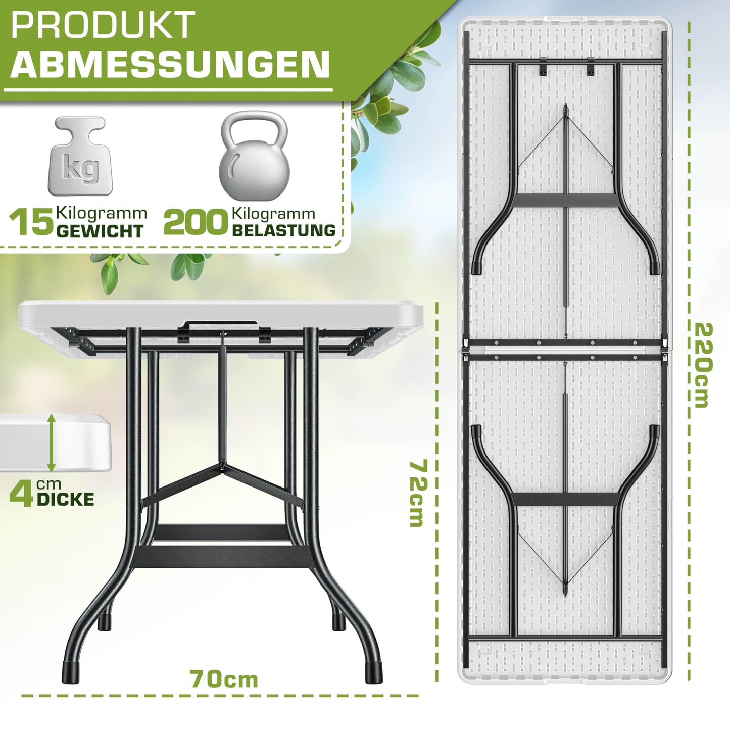 tillvex Garden Table 180 x 75 cm Foldable Plastic Buffet Table with Carry Handle Folding Table for Garden Patio and Balcony Camping Table 8 People