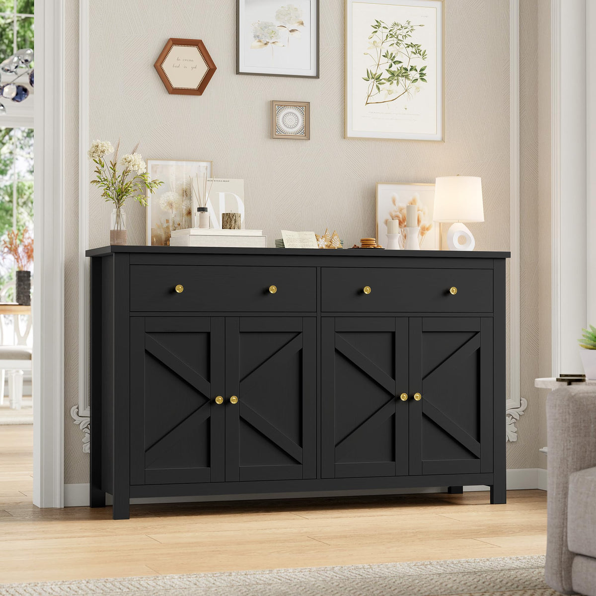 FirFurd Sideboard 140 cm Wide Kitchen Cabinet with Worktop Buffet Cabinet with 2 Drawers 4 Doors Kitchen Buffet with Adjustable Shelves for Living Room Kitchen Dining Room 140 x 40 x 89 cm White