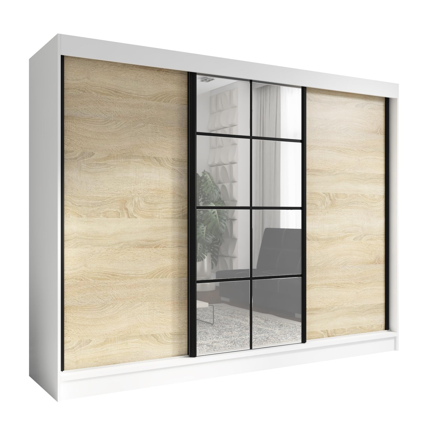 A&J MöbelLand Oravelle Sliding Door Wardrobe 3 Doors with Drawers and Mirror 200 cm (Black)