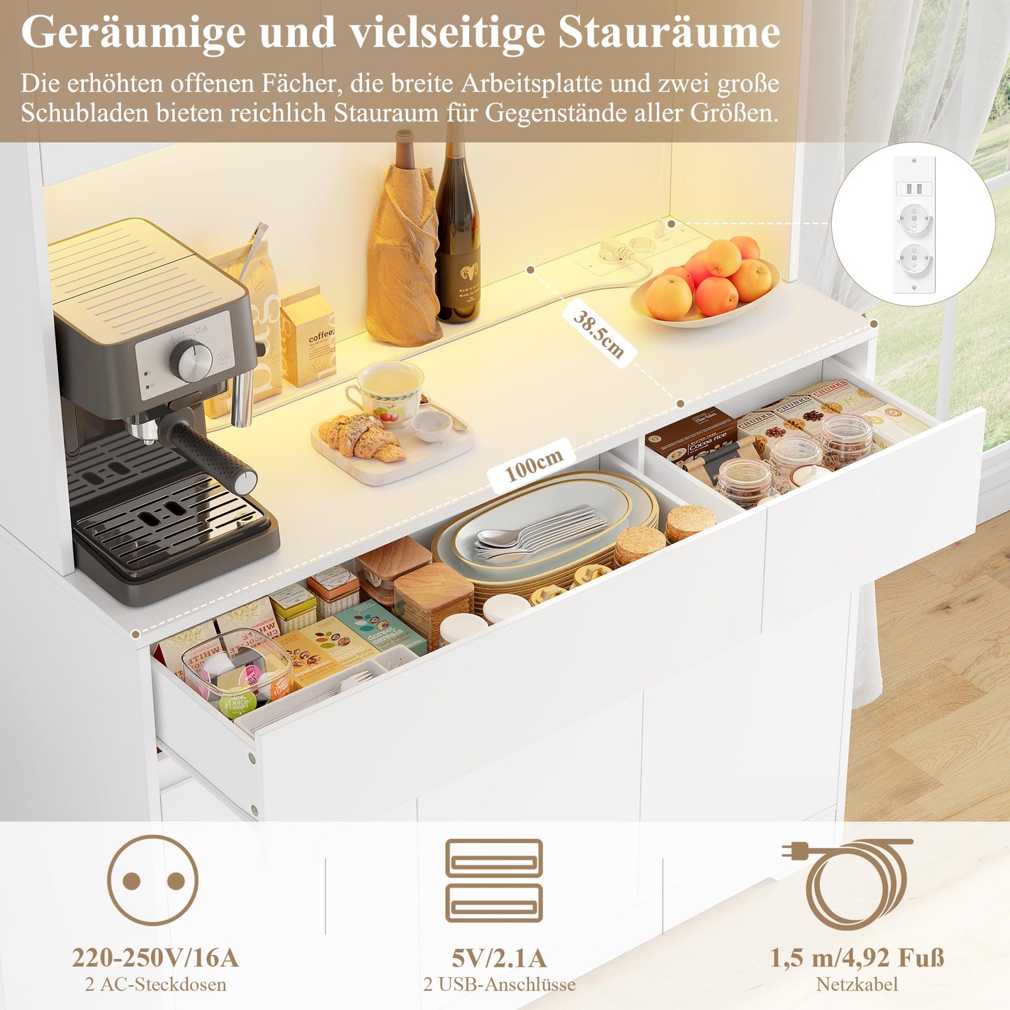 FirFurd 180 cm Kitchen Cabinet with Worktop and LED, Buffet Cabinet, Tall Cabinet with Power Strip and Adjustable Shelves, Sideboard for Kitchen, Living Room, Dining Room, 100 x 38.5 x 180 cm, White