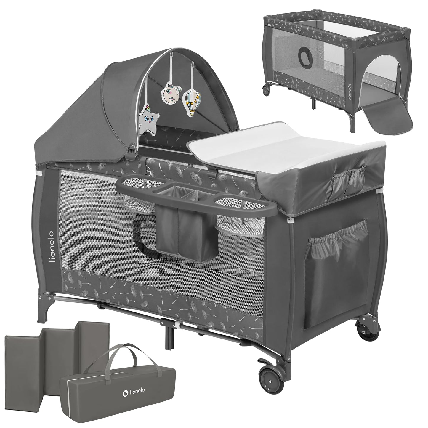 Lionelo Sven Plus 4-in-1 Baby Bed Baby from Birth to 15 kg Changing Mat Mosquito Net Airy Side Walls with Side Entrance Carry Bag Foldable