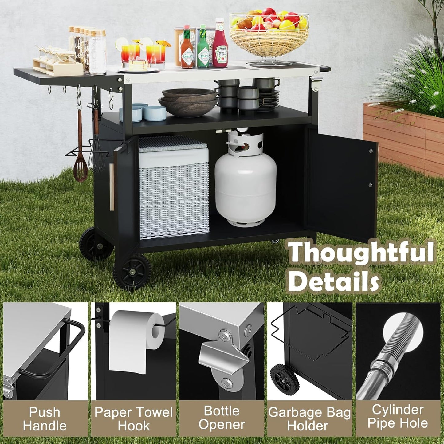 KOMFOTTEU BBQ Trolley with Stainless Steel Worktop, Serving Trolley with Folding Tabletop, Grill Table with Cabinet, 6 Hooks, Garbage Bag Holder & Handle, for Picnic, Party, 127 x 50 x 84 cm