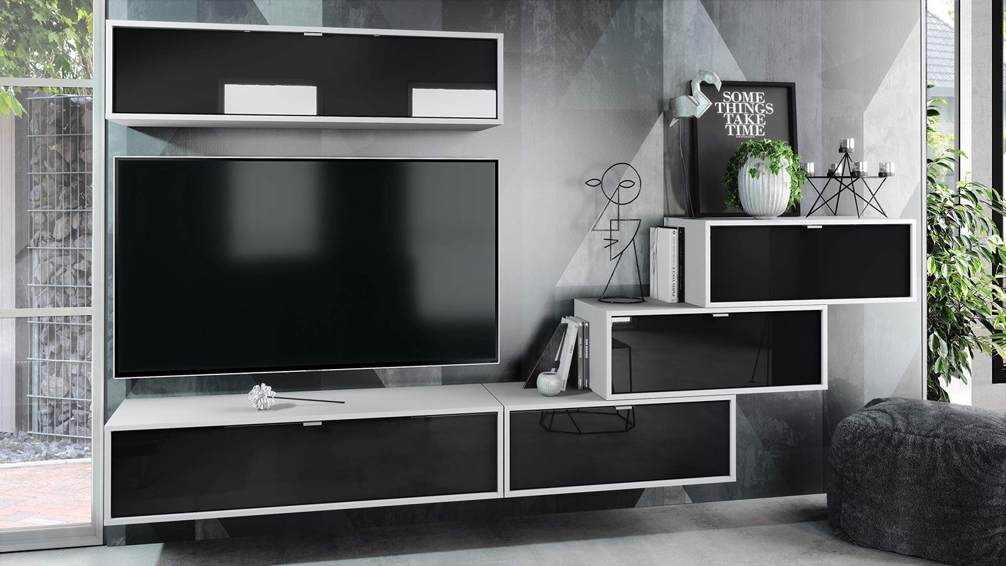 Vladon Lana V1 Wall Unit Made of 5 Hanging Elements with 12 Compartments, Made in Germany, Body in Matte White, Fronts in Bordeaux High Gloss, Large Choice of Colours