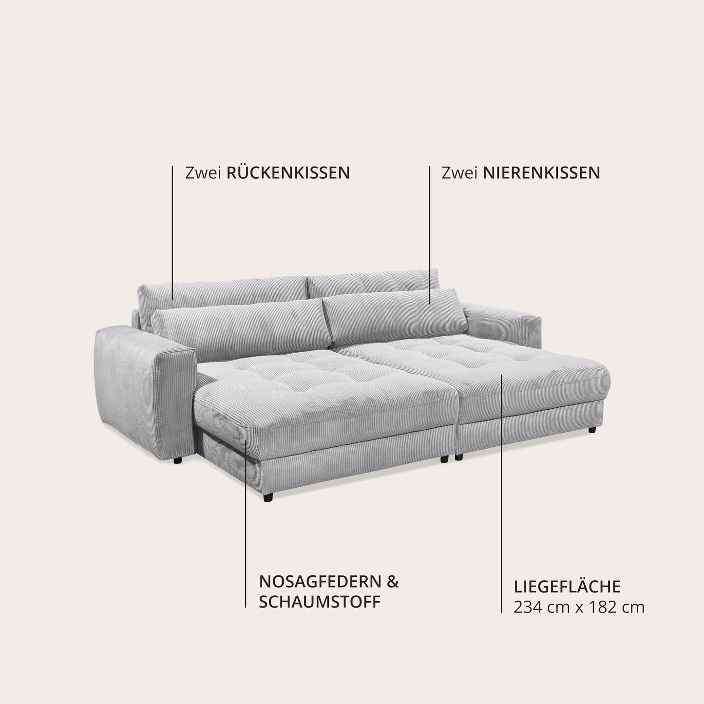 Barura Big Sofa in Corduroy Look, Ash - Comfortable Living Room Couch with Large Lying Surface - 292 x 90 (74) х 194 cm (W x H x D)
