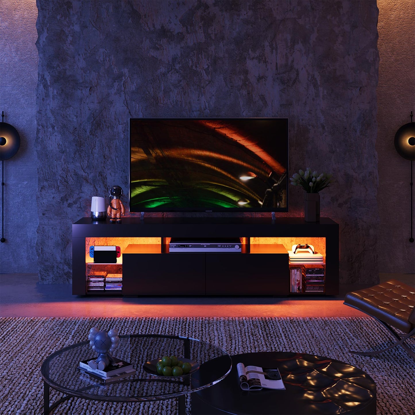 WLIVE TV Cabinet with LED, Lowboard Black for TVs up to 60 Inches, TV Stand for Living Room, 20 Colours LED Lighting, TV Cabinet with Open Storage Space and Drawers, Black
