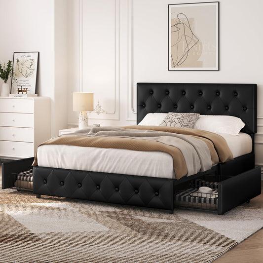 Yaheetech Polsterbett 140 x 200 cm Doppelbett Bettrahmen mit 2 Schubladen höhenverstellbares Kopfteil Gepolstertes Bett mit Lattenrost viel Stauraum, Schwarz