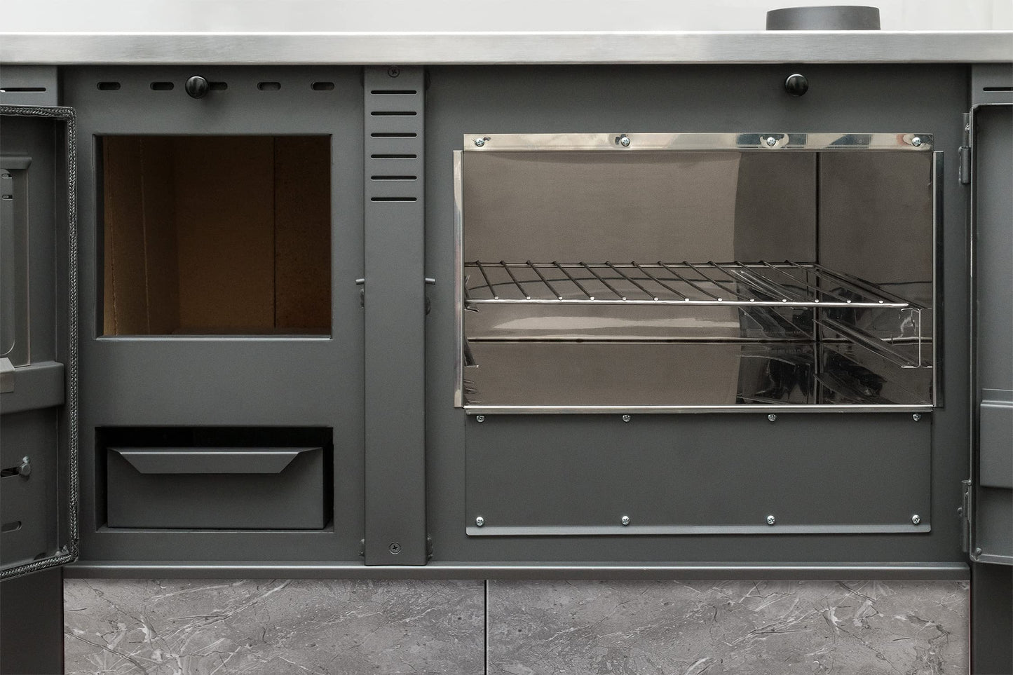 ProTermo Panonia Fireplace in Mocha with Left Flue - 10.54 kW Heating Output - 90 x 51 x 85 cm Wood Stove with Baking Compartment, Thermometer and Hob without Self-Closing Door - Type 2