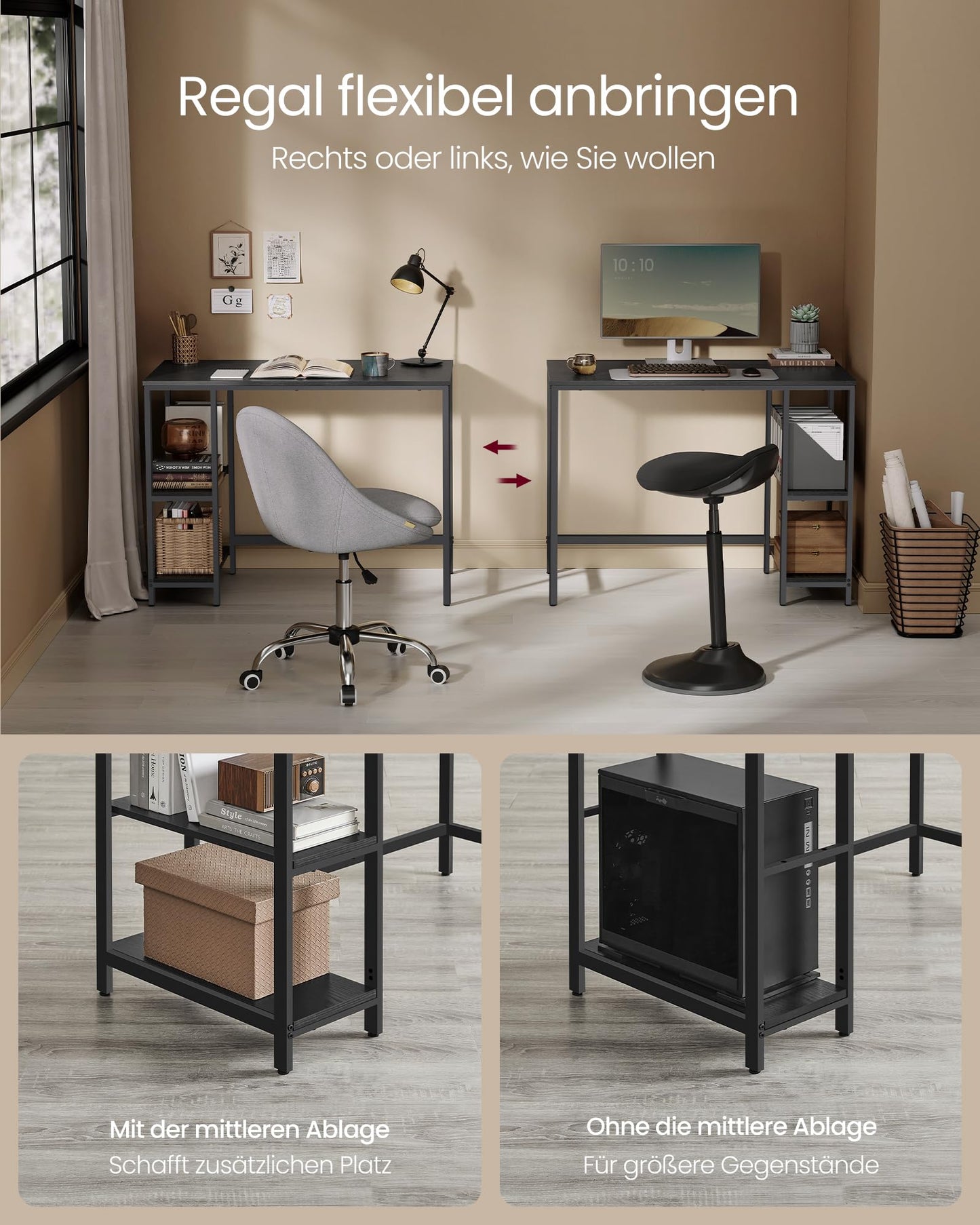 VASAGLE LWD55X Desk Computer Desk PC Desk Office Table with 2 Shelves on Right or Left Side for Office Living Room Steel Frame Industrial Design Vintage Brown/Black