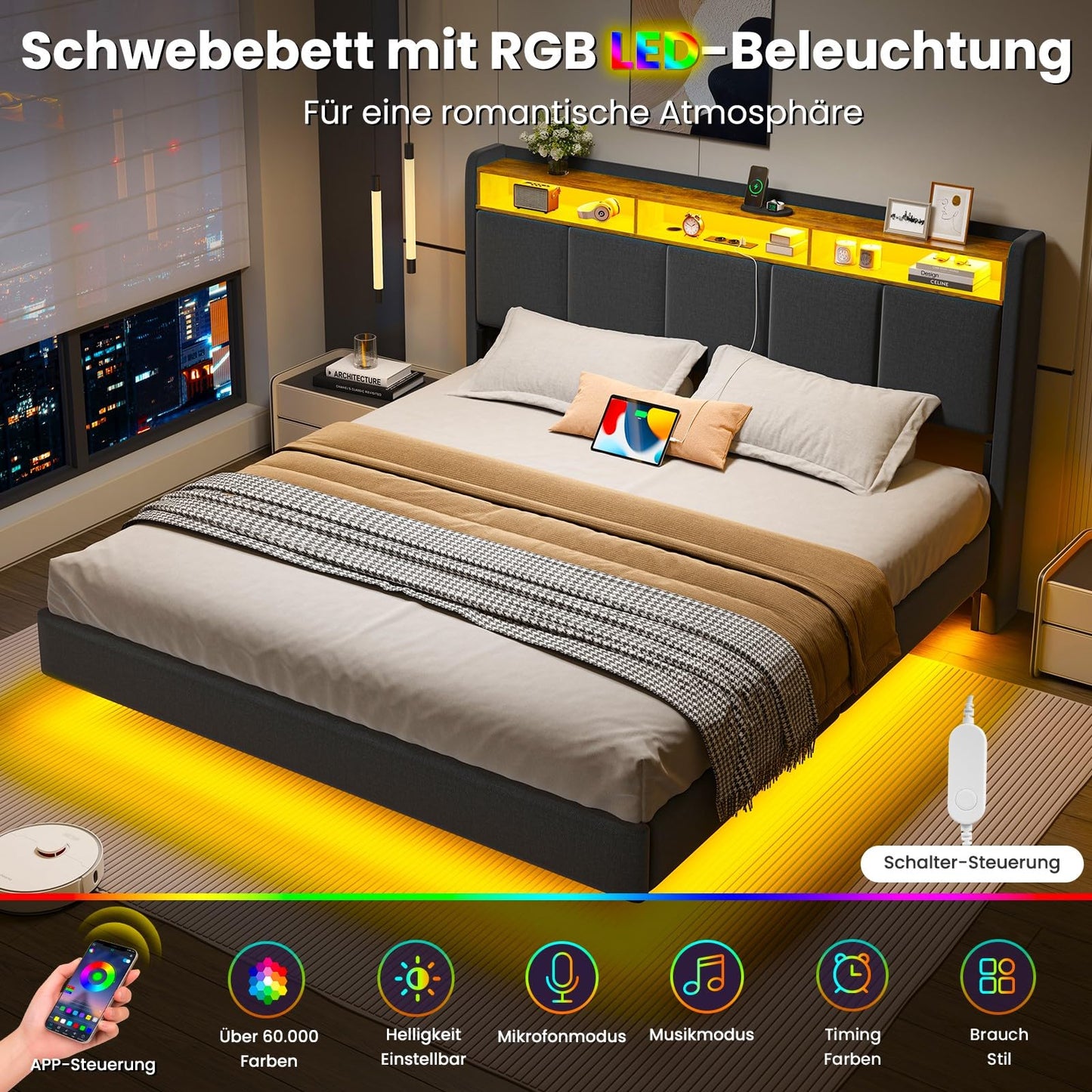 Upholstered Bed 180 x 200 cm Floating Bed with LED Lighting, Headboard and Charging Station (2 AC Sockets, 2 USB Ports), Bed 180 x 200 cm with Storage Space, Modern Double Bed with Slatted