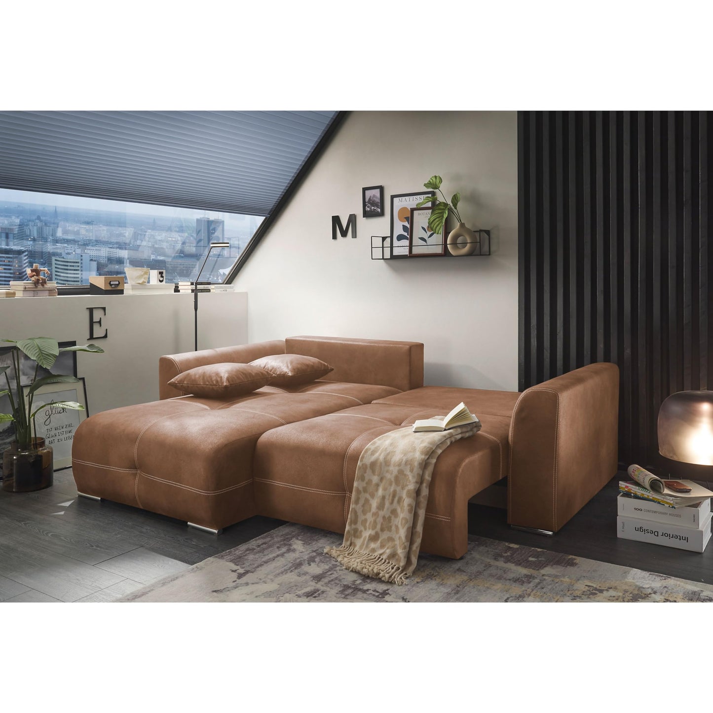 Dolan Comfortable Sofa Bed in Leather Look with Bed Box, Light Brown, Extendable Sofa with Sleep Function, 245 x 85 x 115 cm (W x H x D)