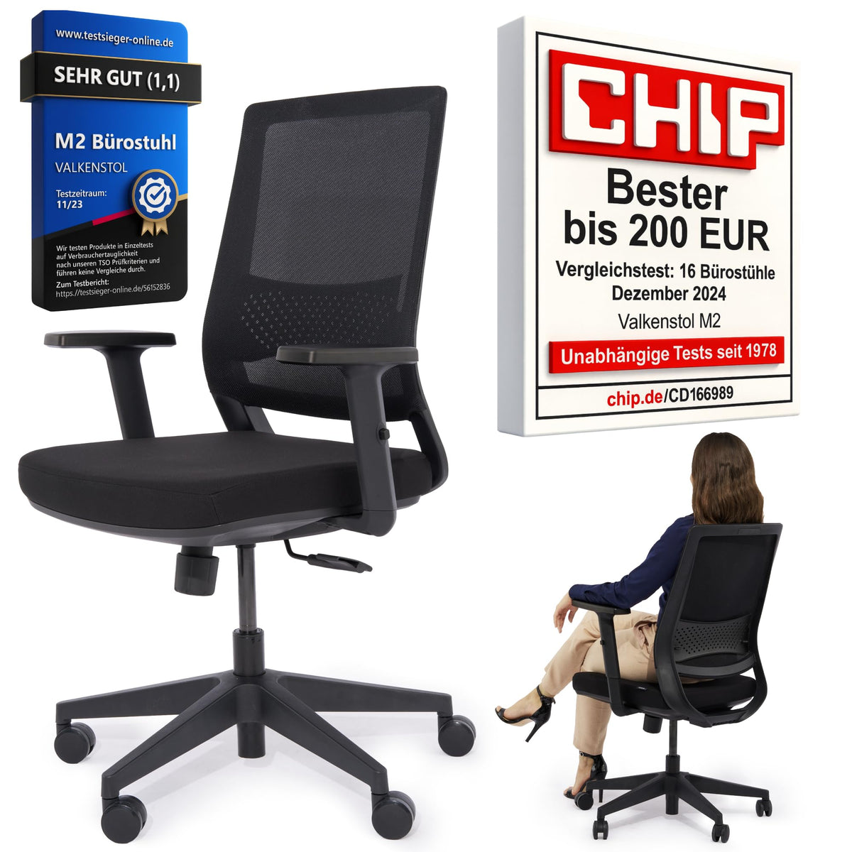M2 Ergonomic Office Chair, Test Winner with Adjustable Armrest without Headrest for Maximum Freedom of Movement, Back-Friendly, Comfortable Desk Chair for Office and Home Office Chair