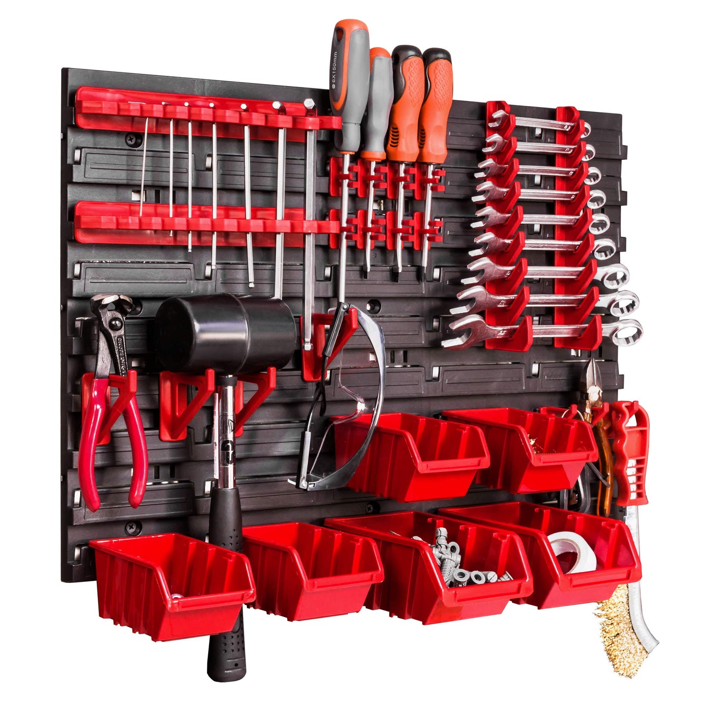 Storage System Wall Shelf 115 x 78 cm, Tool Holders, 23 Pieces Stacking Boxes Storage Boxes Extra Strong Wall Shelves Expandable Workshop Shelving Workshop Shelf