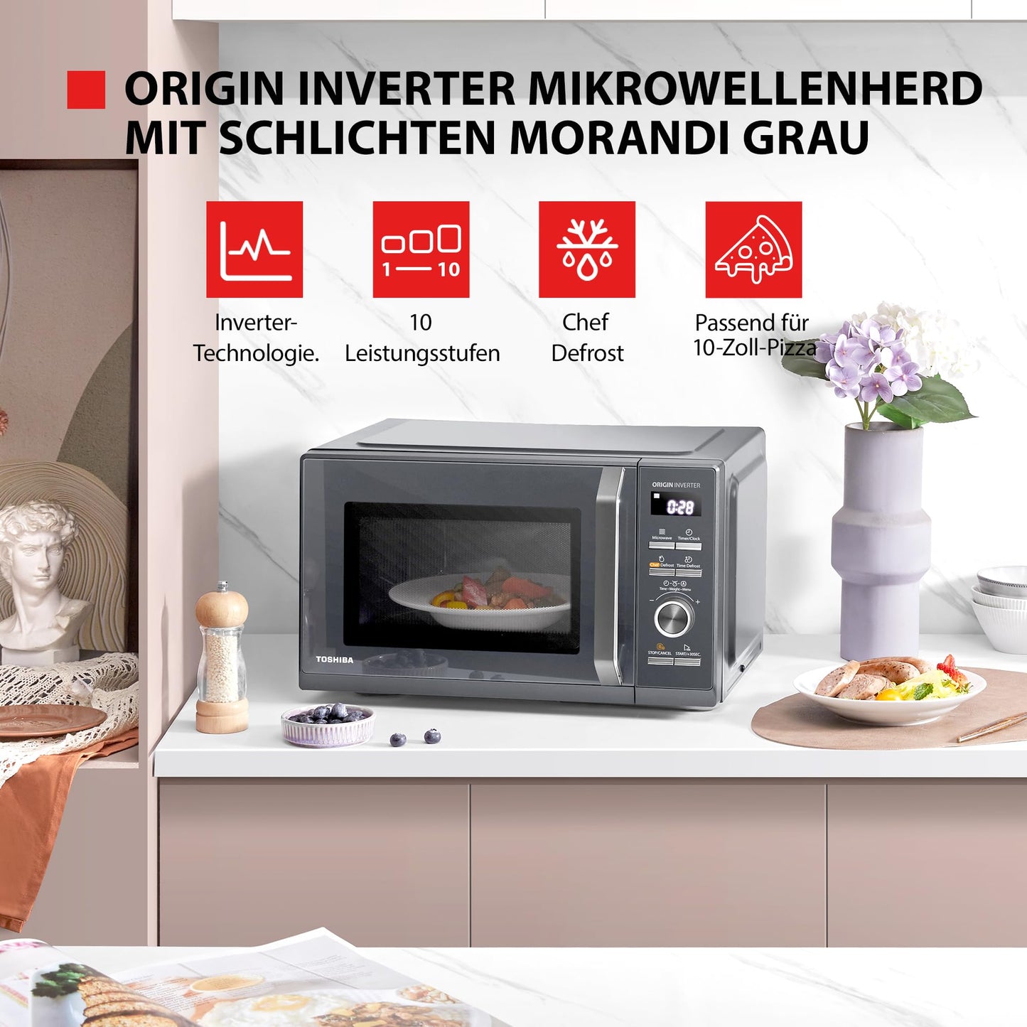 Toshiba MW3-AM25PFI(MG) Solo Microwave 25L 900W in Slim Morandi Grey with Origin Inverter, Chef Defrost, 10 Power Levels, 7 Auto Menus, Easy Clean