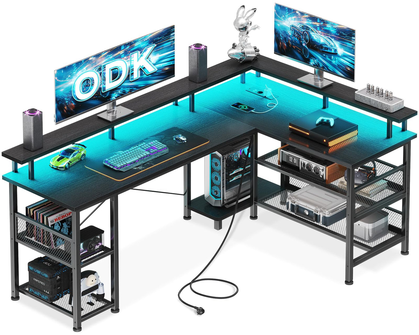 ODK Gaming Table with LED, Reversible Gaming Desk with 2 Sockets and 2 USB Charging Ports, Large Corner Desk with Mesh Shelf, Carbon Fibre Black, 168 x 120 cm