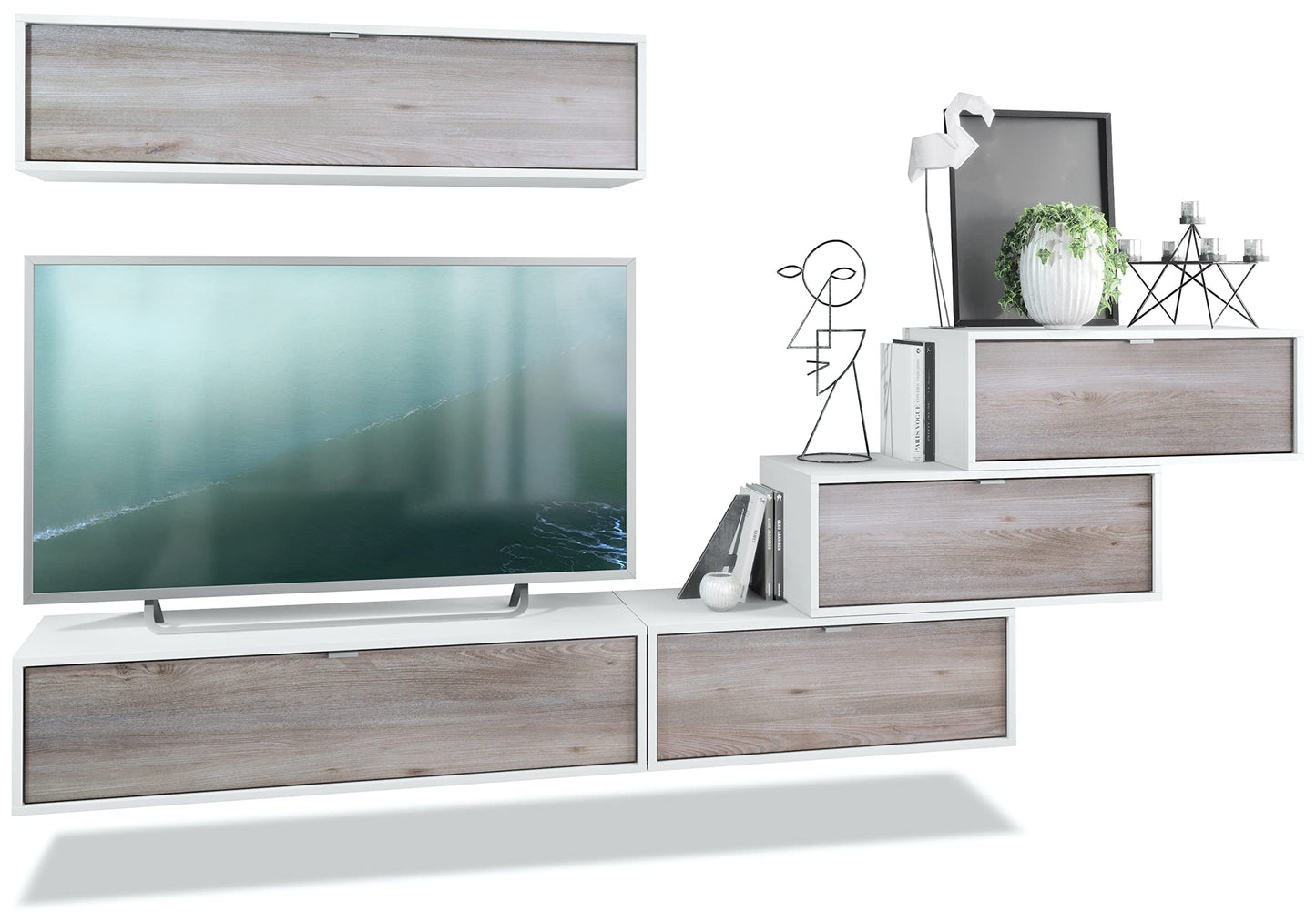 Vladon Lana V1 Wall Unit Made of 5 Hanging Elements with 12 Compartments, Made in Germany, Body in Matte White, Fronts in Bordeaux High Gloss, Large Choice of Colours