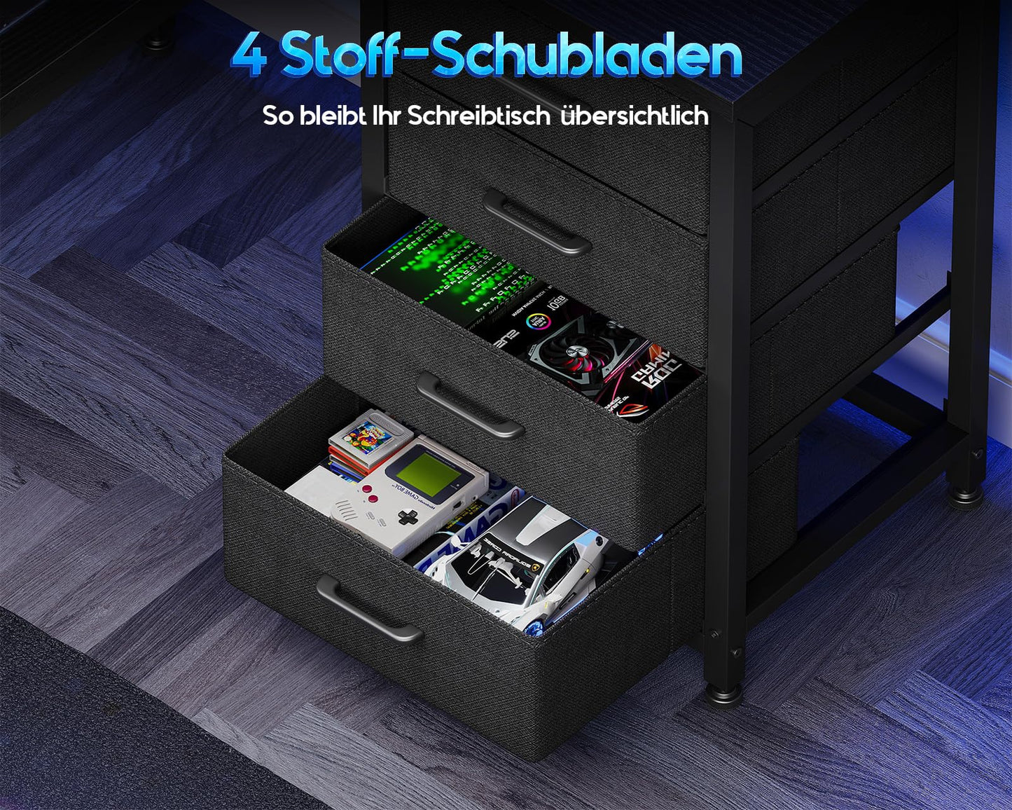 Coleshome Gaming Table with LED, 110 × 80 cm, Reversible Gaming Desk with Drawers & Sockets, Corner Desk with Storage Compartment & Storage Space, Black