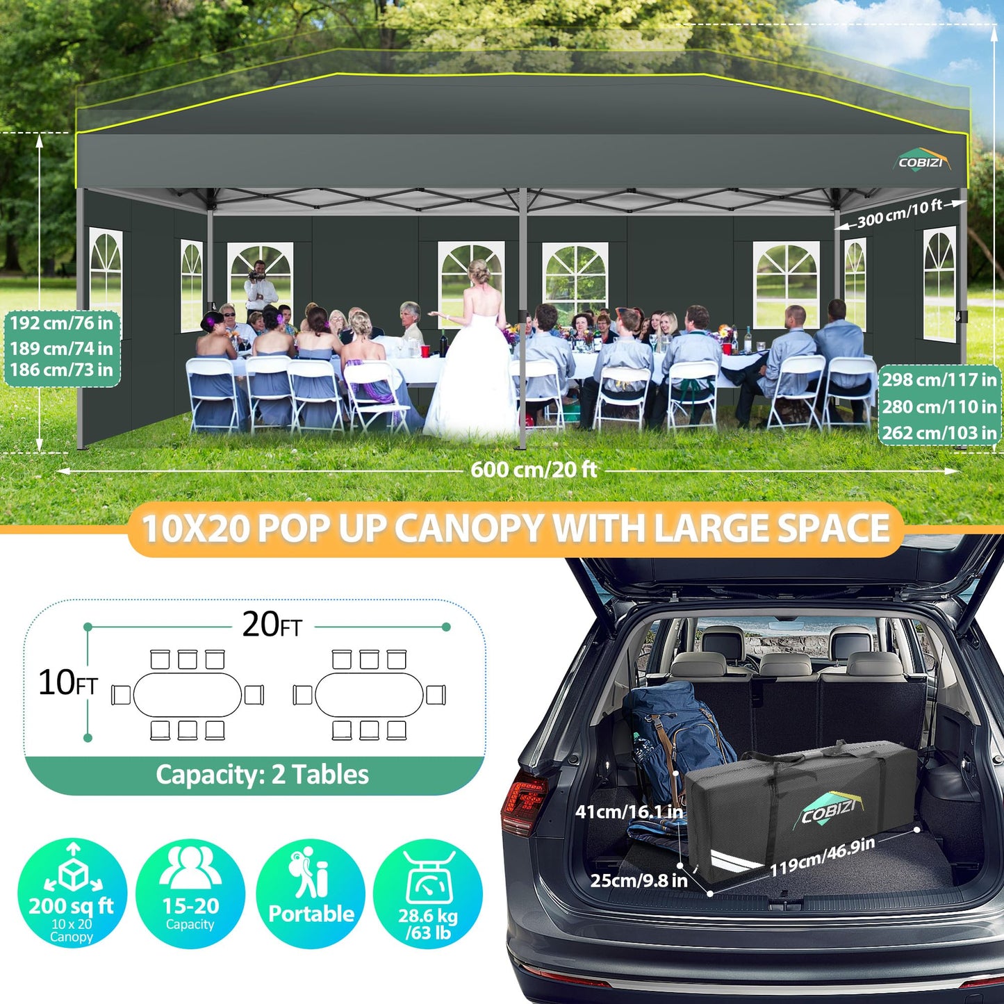 COBIZI Folding Gazebo Gazebo 3 x 6 Waterproof Winterproof Garden Gazebo Party Tent Pop Up Gazebo Foldable Tent with 6 Side Waves with Ventilation Openings, Sandbag for Market, Outdoor Event, Black