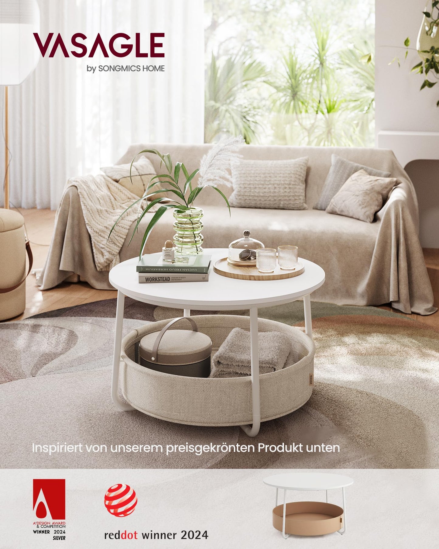 VASAGLE LCT244W10 Round Coffee Table with Storage Space Side Table Living Room Table with Fabric Basket Modern Metal Frame Matt White Camel Brown