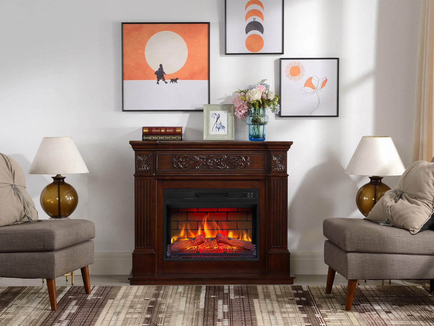 Toscana AF23BS Electric Fireplace with Heater 1800 W, Realistic 3D Flame Effect, LED Lighting, Remote Control, Timer, Thermostat, Crinkle Effect, MDF (Oak)