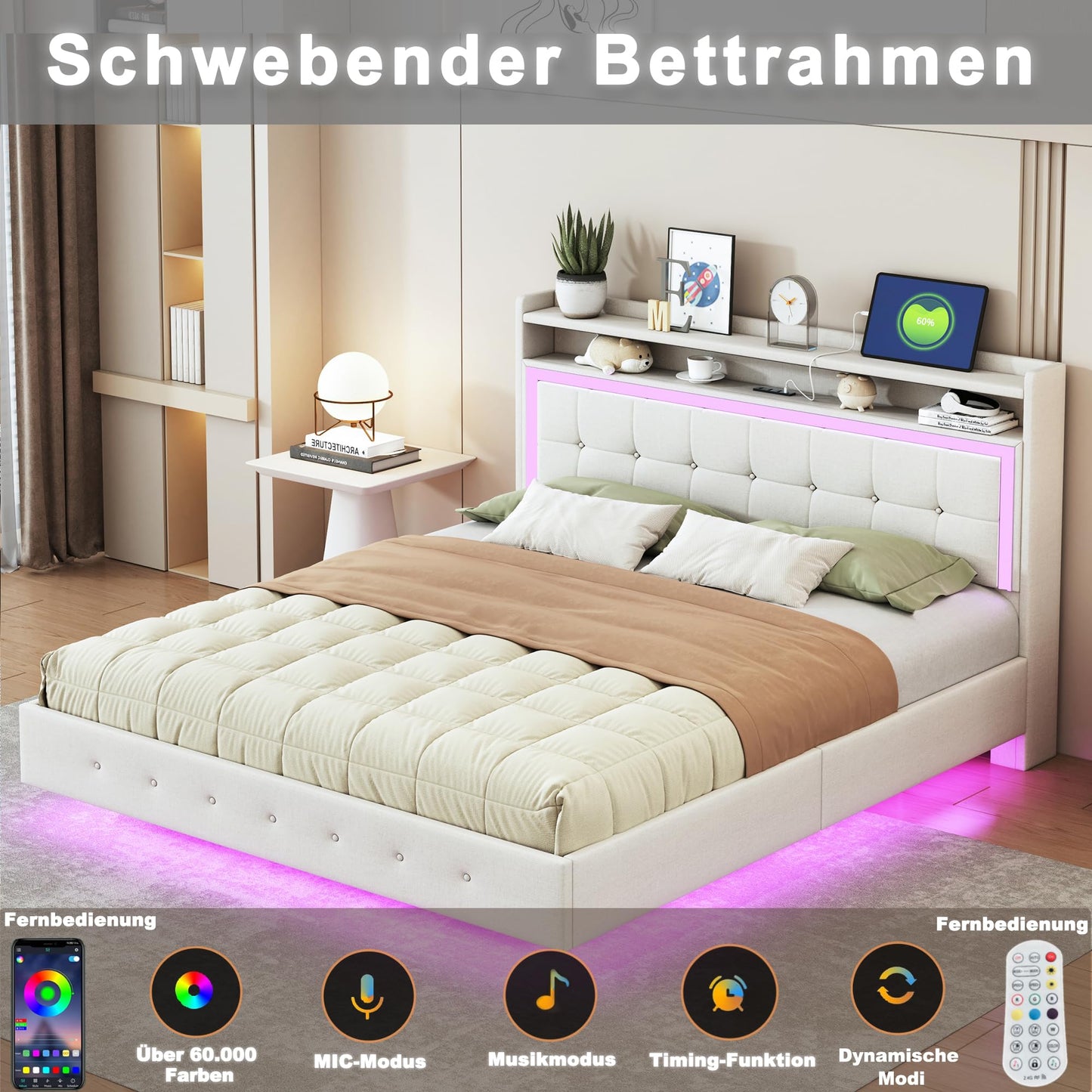 Polsterbett Doppelbett 140x200 cm mit LED-Beleuchtung und USB-Ladeanschluss, Bett mit Stauraumkopfteil, Stauraumbett mit Metallrahmen und Lattenrost aus Holz, Leinen, Beige, Ohne Matratze