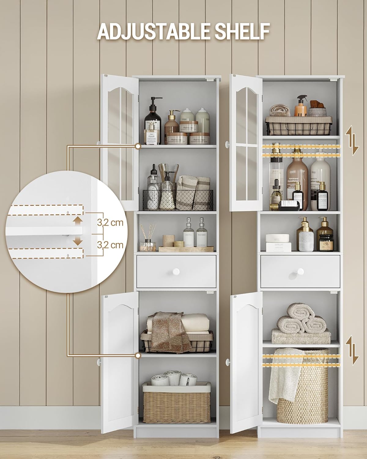 Hzuaneri SC10003X Bathroom Cabinet with Glass Door, High Storage Cabinet with 2 Doors and 1 Drawer, Adjustable Shelves, Bathroom, Living Room, 40 x 30 x 170 cm, White