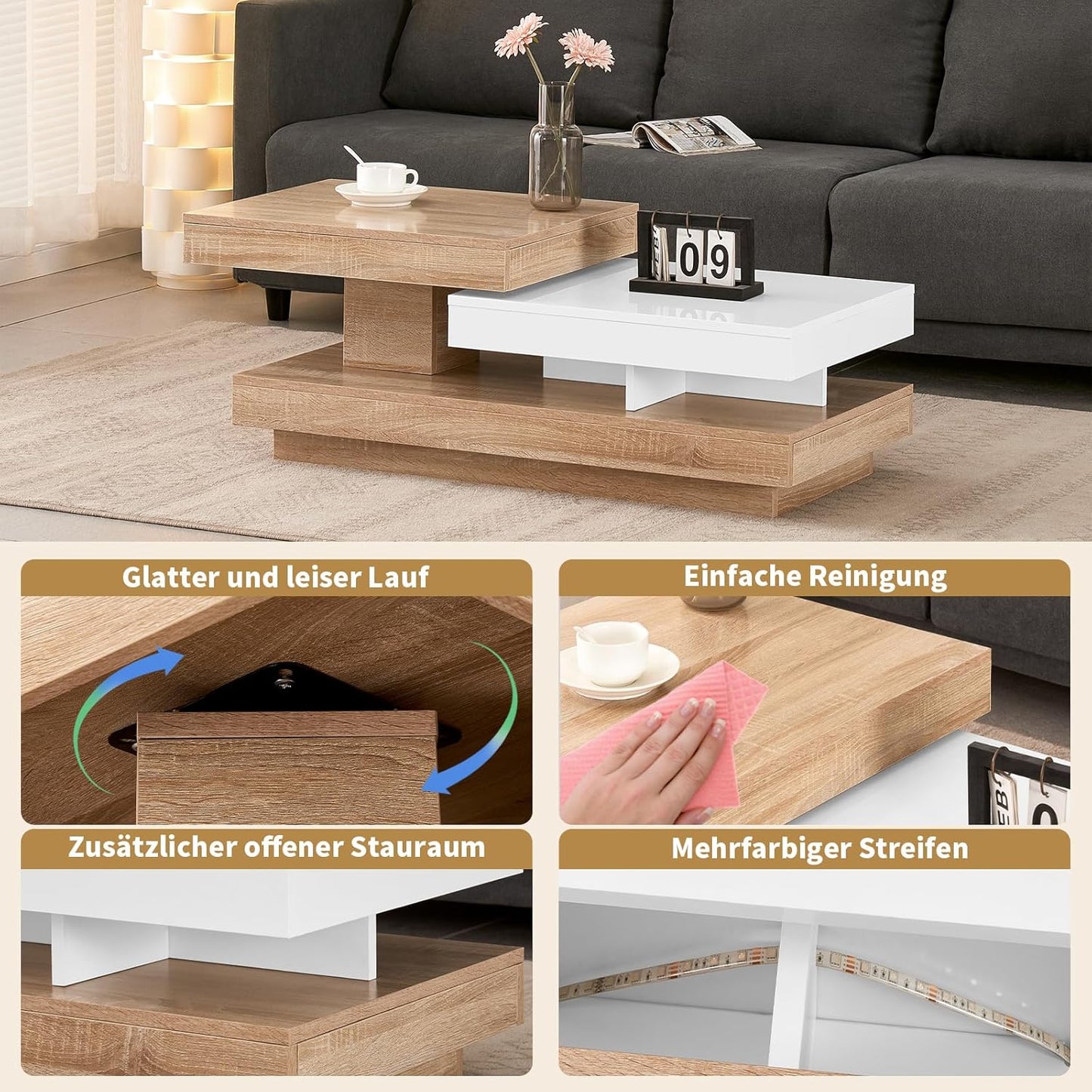 Rotating Coffee Table White Living Room Table with Rotating Board High Gloss Modern Side Table Coffee Table