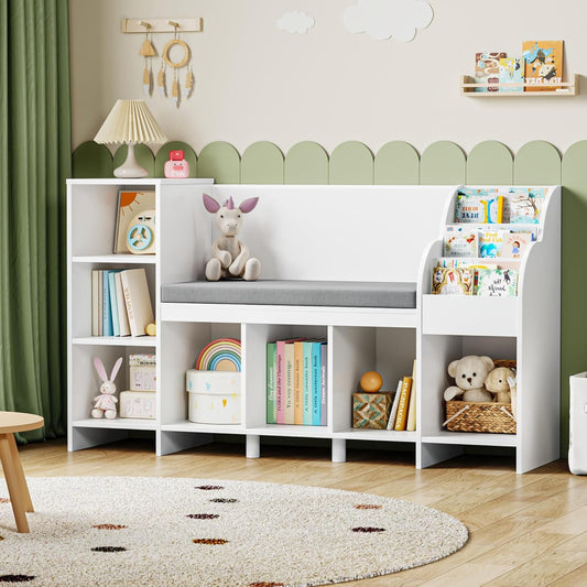 HOCSOK Kinderregal, 138.5 cm Bücherregal Kinder mit Kissen und 7 Ablagefächern, Spielzeugregal Aufbewahrung für Kinderzimmer, Spielzimmer, Kindergärten, Weiß, 80×40×138.5cm