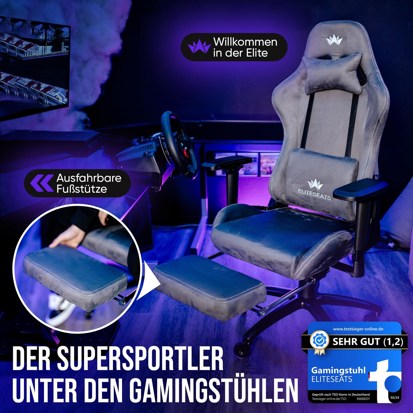 ELITESEATS Ergonomic Gaming Chair [Test Winner] Scratch-Free Wheels Breathable 4D Armrests with Footrest Ergonomic Gaming Chair Fabric 150 kg Load Capacity Gaming Chair Gaming Chair