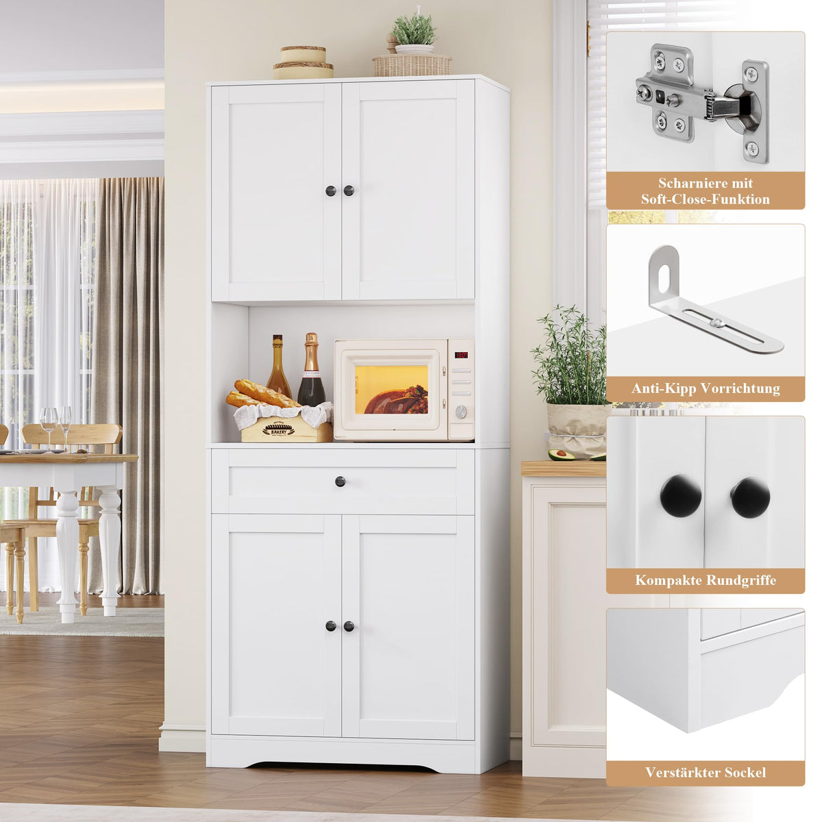 FOREHILL Tall Kitchen Cabinet, Kitchen Buffet Cabinet with Worktop, 4 Doors, Drawer, Cable Hole, Adjustable Shelves, Multi-Purpose Cabinet for Living Room, Kitchen, 75 x 40 x 180 cm, White
