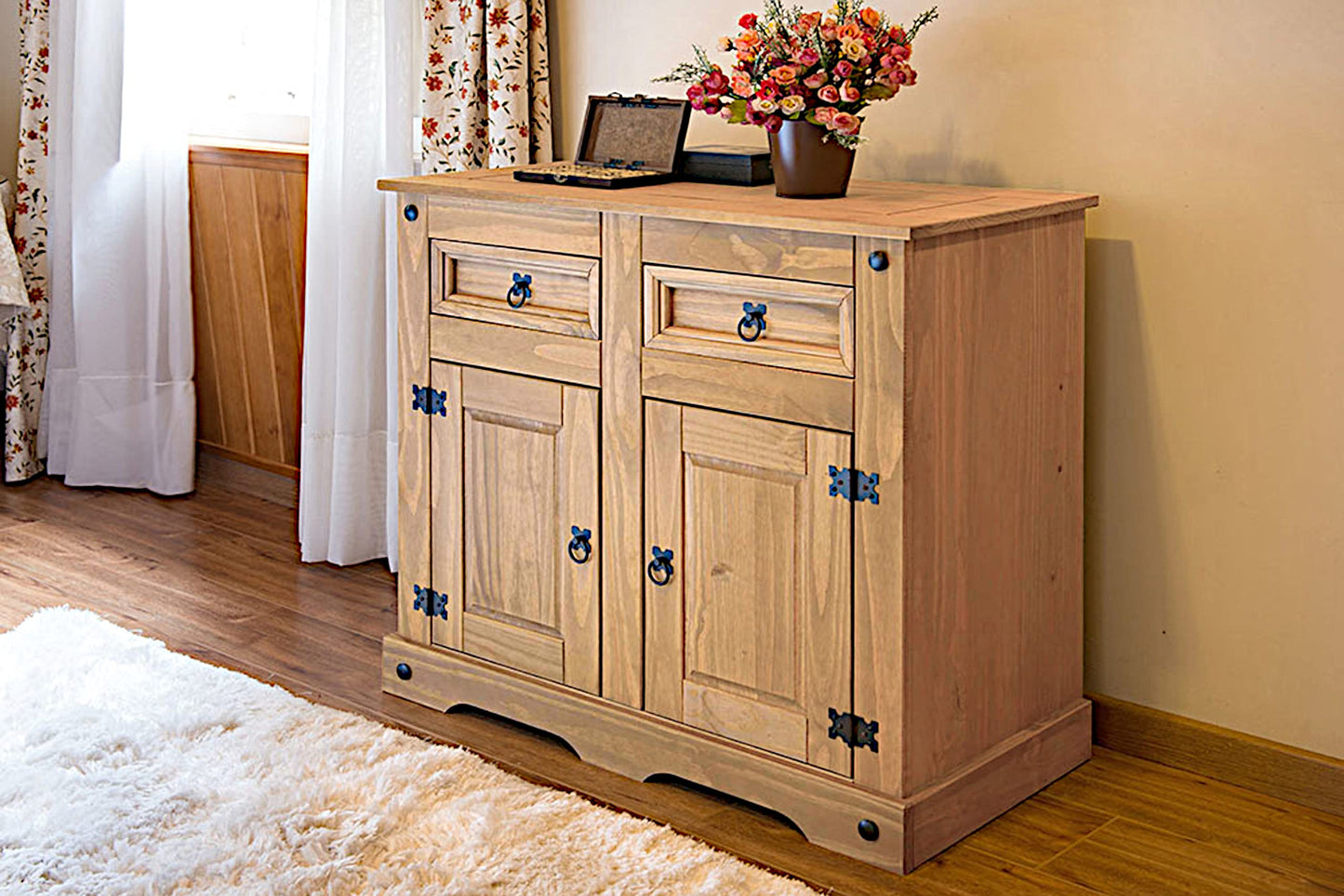 SAM Cancun Coffee Table Solid Pine Wood Side Table with Drawer White Varnished Honey Top Plate Black Metal Handle Mexico Furniture