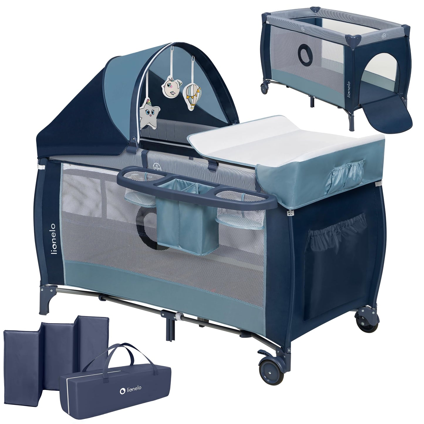 Lionelo Sven Plus 4-in-1 Baby Bed Baby from Birth to 15 kg Changing Mat Mosquito Net Airy Side Walls with Side Entrance Carry Bag Foldable