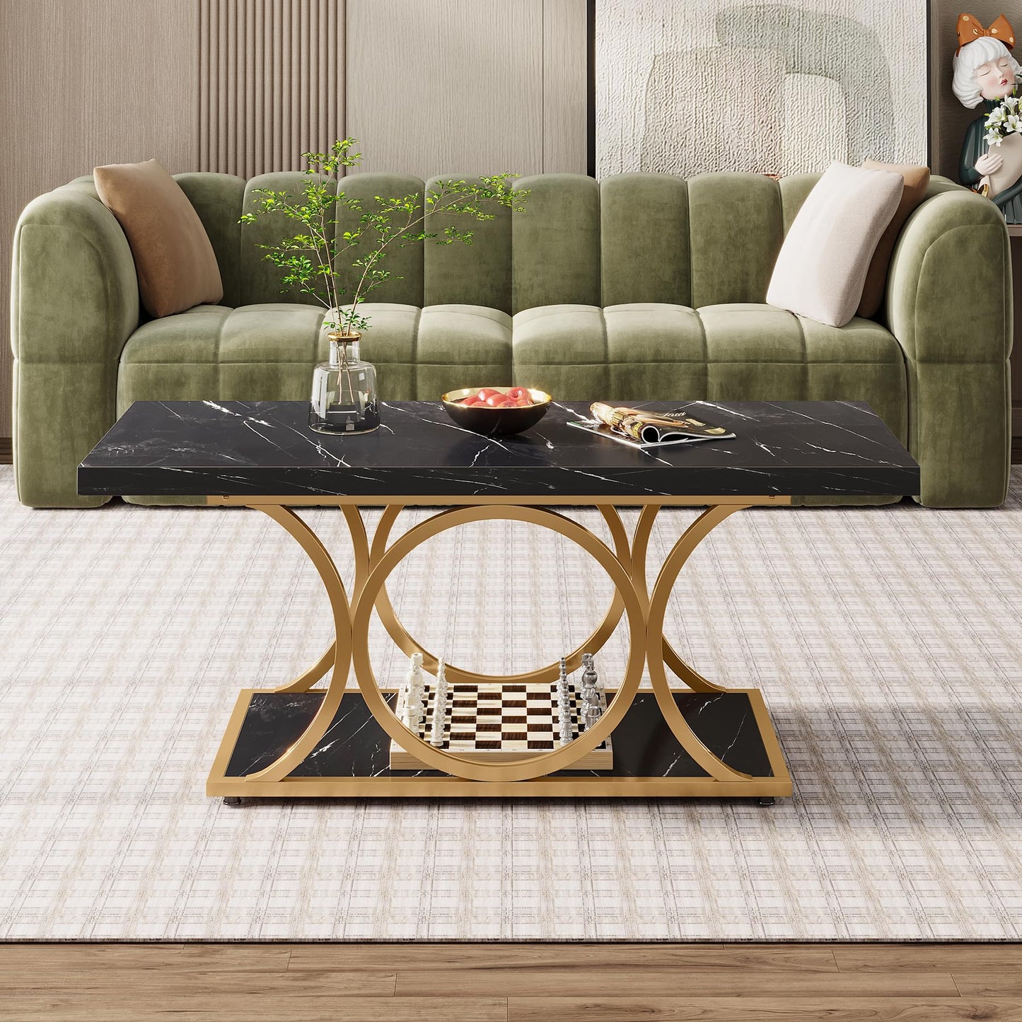 Tribesigns Rectangular Coffee Table, 120 cm Modern Living Room Table, 2-Tier Faux Marble Coffee Table with Geometric Legs, Furniture with Storage Compartment (Black and Gold)