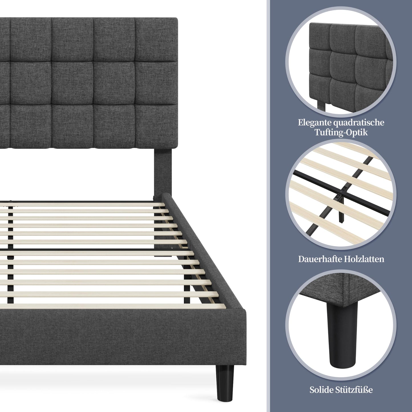 Yaheetech Upholstered Bed 140 x 200 cm Double Bed with Height-Adjustable Headboard, Sturdy Bed Frame, Fabric Bed with Slatted Frame, Padded Bed Frame, Youth Bed, Dark Grey