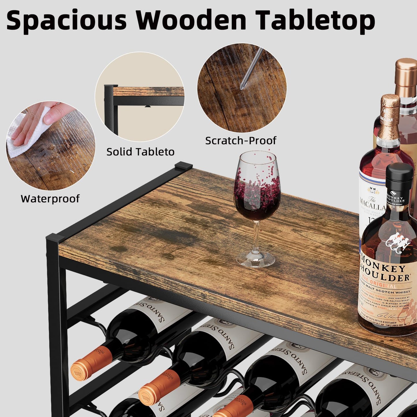 Urban Deco Wine Rack for 30 Bottles, Bottle Rack Standing with Wooden Table Top, Wine Rack Metal Black for Kitchen, Bar, Basement, Dining Room, 59 x 30 x 89 cm