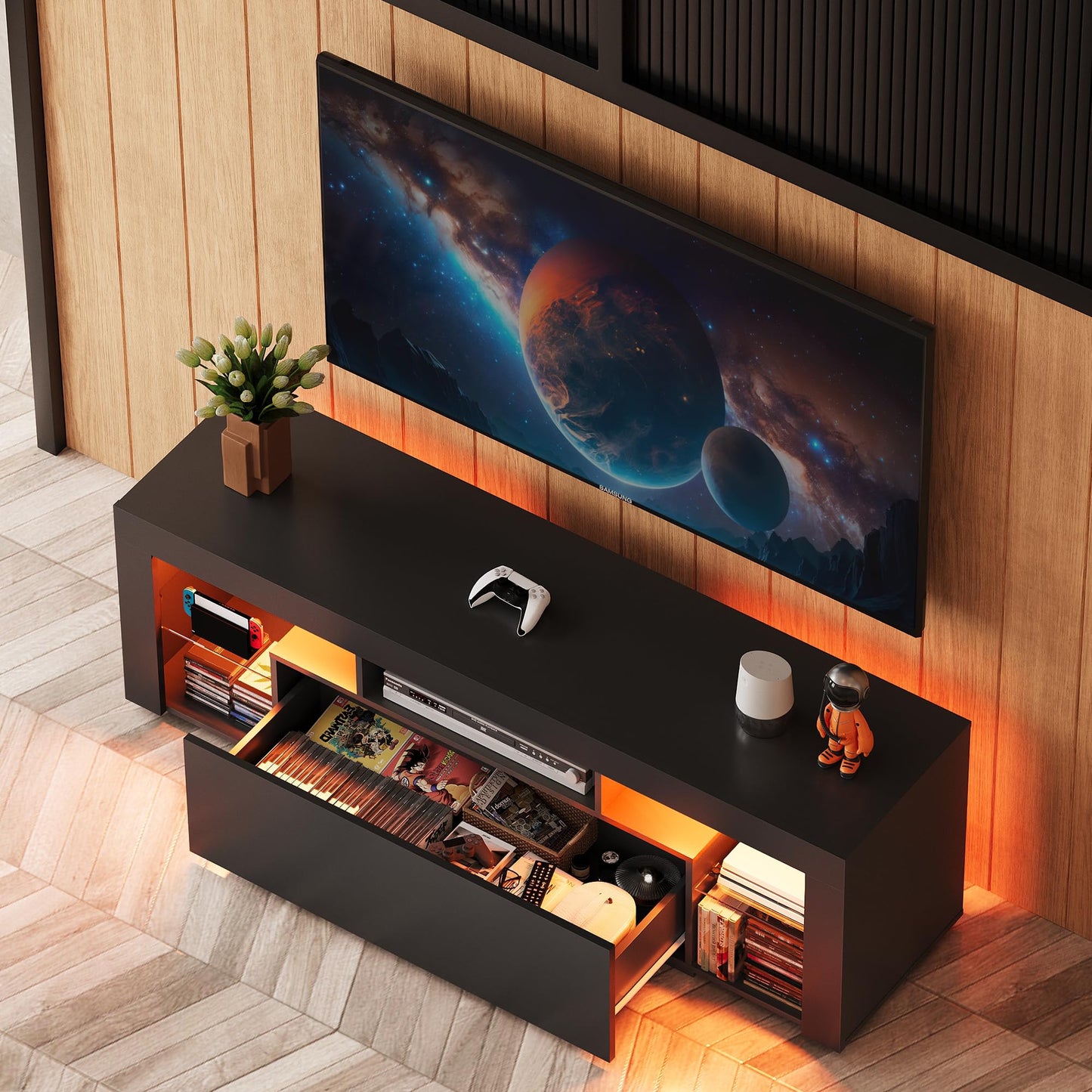 WLIVE TV Cabinet with LED, Lowboard Black for TVs up to 60 Inches, TV Stand for Living Room, 20 Colours LED Lighting, TV Cabinet with Open Storage Space and Drawers, Black